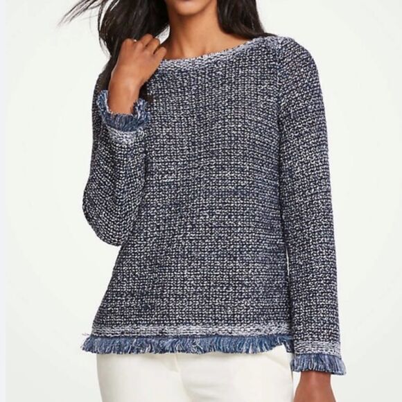 Ann Taylor Navy Blue Metallic Silver Sequin Boat Neck Fringed Knit Sweater - Picture 1 of 16